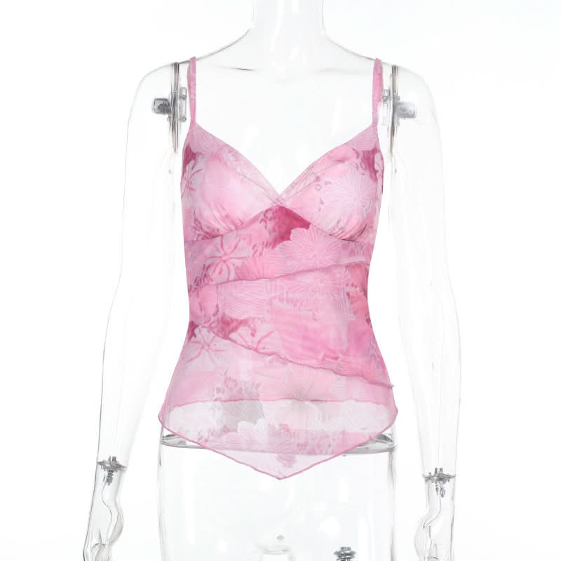 Dreamy Pink Floral Mesh Cami Top - V-Neck Layering for Chic Fall Style