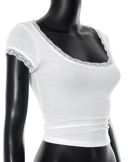 Autumn Whisper Lace-Trim Square Neck Tee - Soft & Stylish for Fall Layering