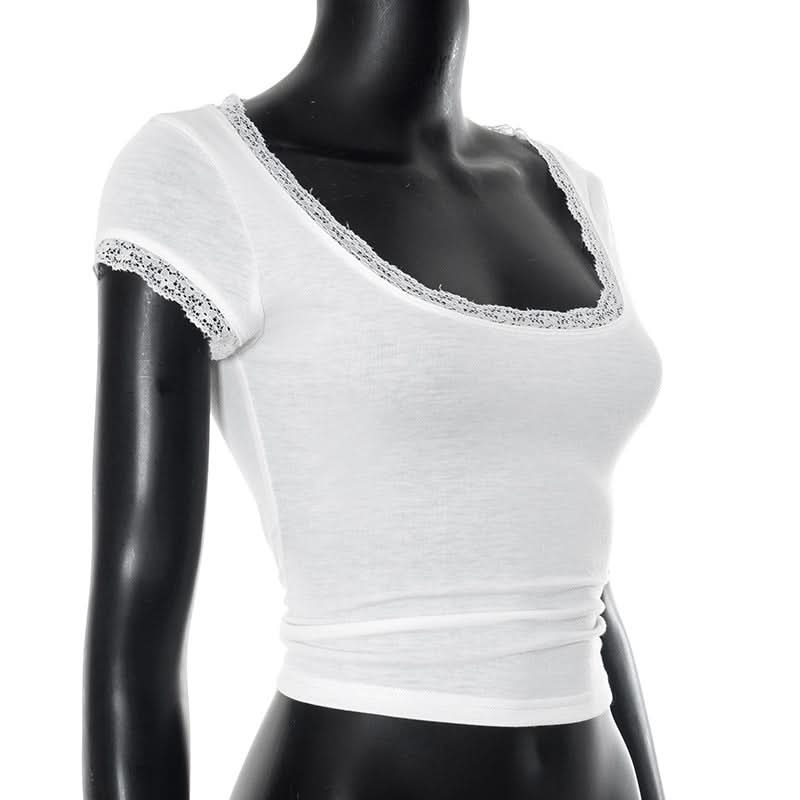 Autumn Whisper Lace-Trim Square Neck Tee - Soft & Stylish for Fall Layering