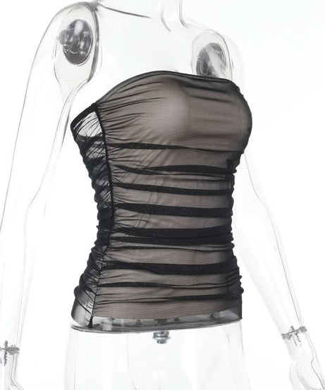 Alluring Ruched Mesh Strapless Top - Dark Floral Elegance for Fall & Holiday Glam