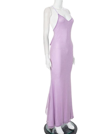 Sleek Lilac Shimmer Maxi Dress - V-Neck Cross-Back Gown for Fall Weddings & Holiday Parties