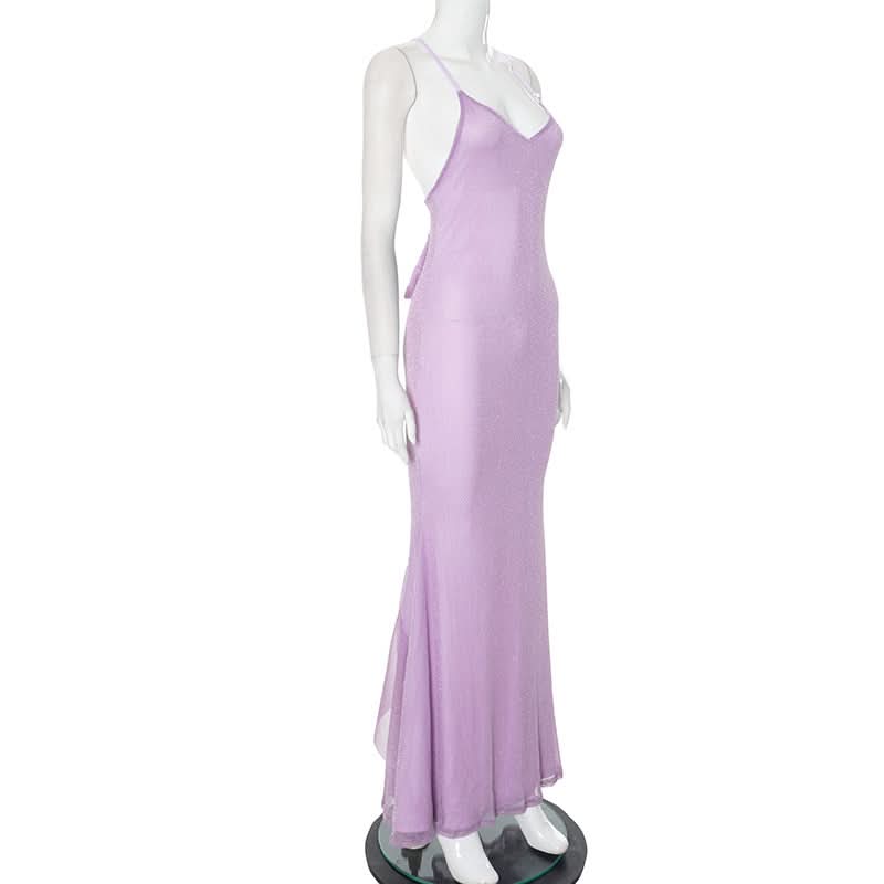 Sleek Lilac Shimmer Maxi Dress - V-Neck Cross-Back Gown for Fall Weddings & Holiday Parties