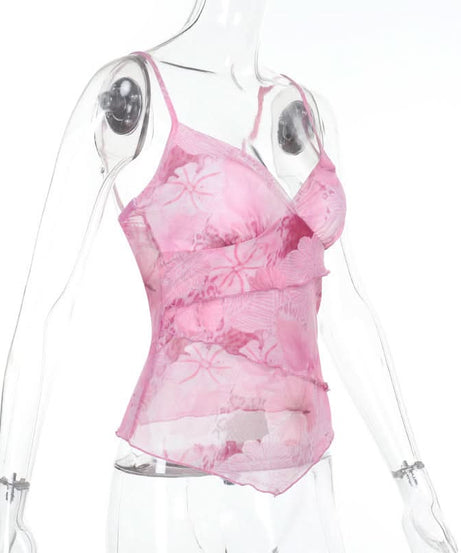 Dreamy Pink Floral Mesh Cami Top - V-Neck Layering for Chic Fall Style
