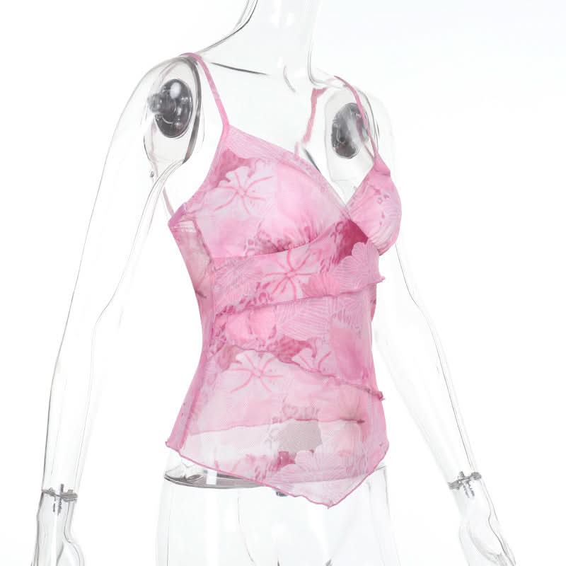 Dreamy Pink Floral Mesh Cami Top - V-Neck Layering for Chic Fall Style