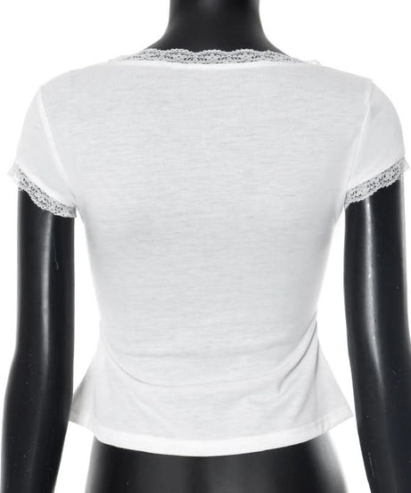 Autumn Whisper Lace-Trim Square Neck Tee - Soft & Stylish for Fall Layering