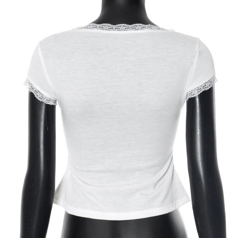 Autumn Whisper Lace-Trim Square Neck Tee - Soft & Stylish for Fall Layering