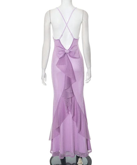 Sleek Lilac Shimmer Maxi Dress - V-Neck Cross-Back Gown for Fall Weddings & Holiday Parties