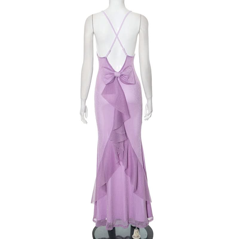 Sleek Lilac Shimmer Maxi Dress - V-Neck Cross-Back Gown for Fall Weddings & Holiday Parties