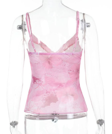 Dreamy Pink Floral Mesh Cami Top - V-Neck Layering for Chic Fall Style