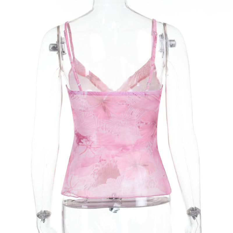 Dreamy Pink Floral Mesh Cami Top - V-Neck Layering for Chic Fall Style