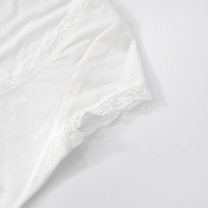 Autumn Whisper Lace-Trim Square Neck Tee - Soft & Stylish for Fall Layering