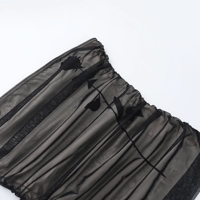 Alluring Ruched Mesh Strapless Top - Dark Floral Elegance for Fall & Holiday Glam
