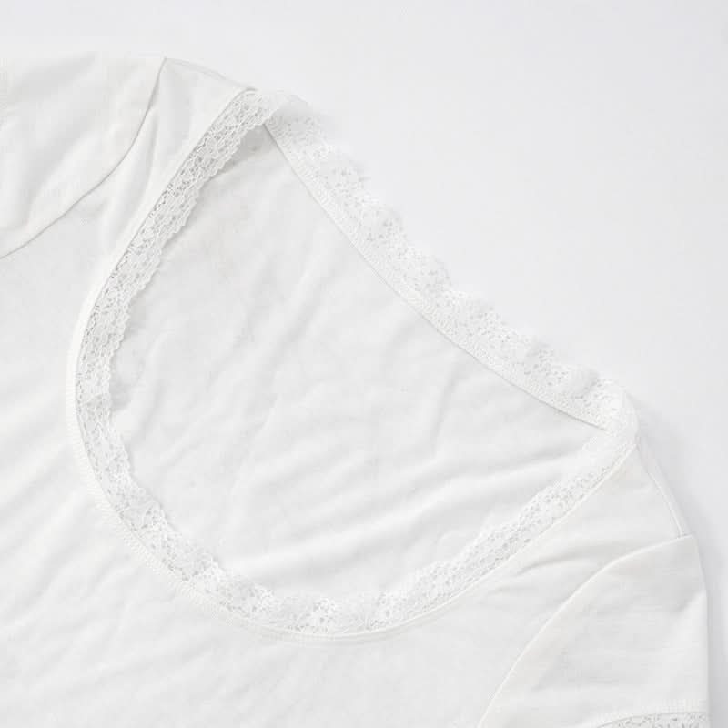 Autumn Whisper Lace-Trim Square Neck Tee - Soft & Stylish for Fall Layering