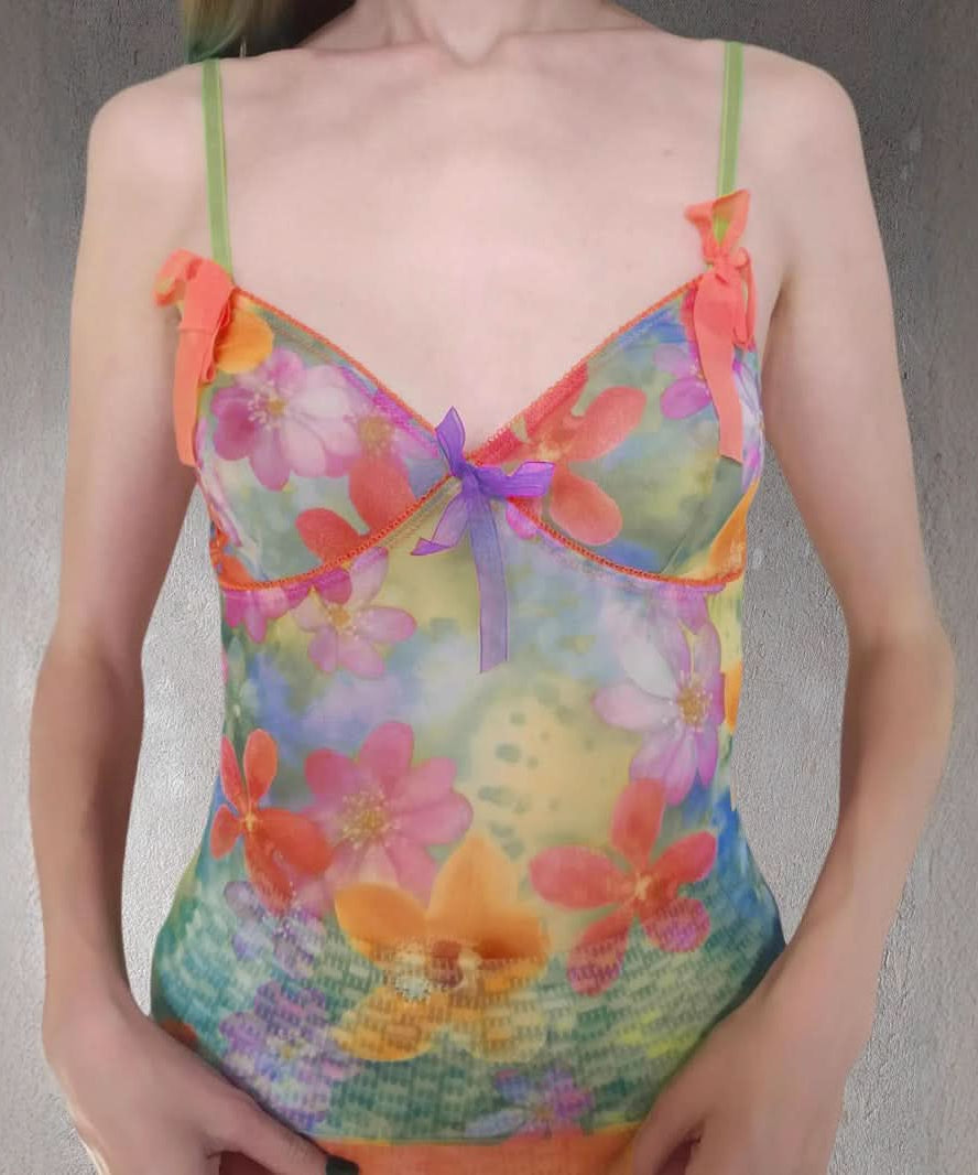 Whimsical Floral Mesh Cami Top | Y2K Bowknot V-Neck Tank for Chic Fall Layering