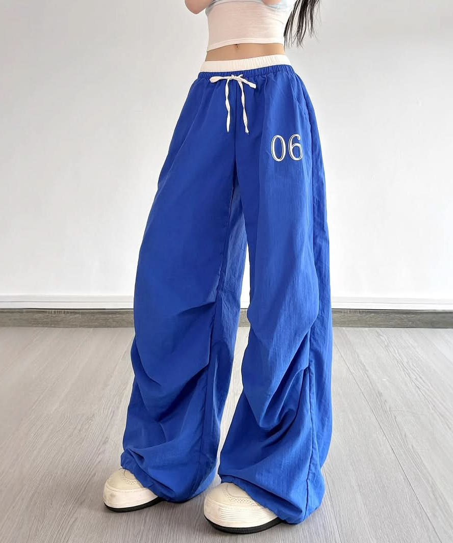 Y2K Royal Blue Baggy Track Pants - Drawstring Waist Street Style for Fall