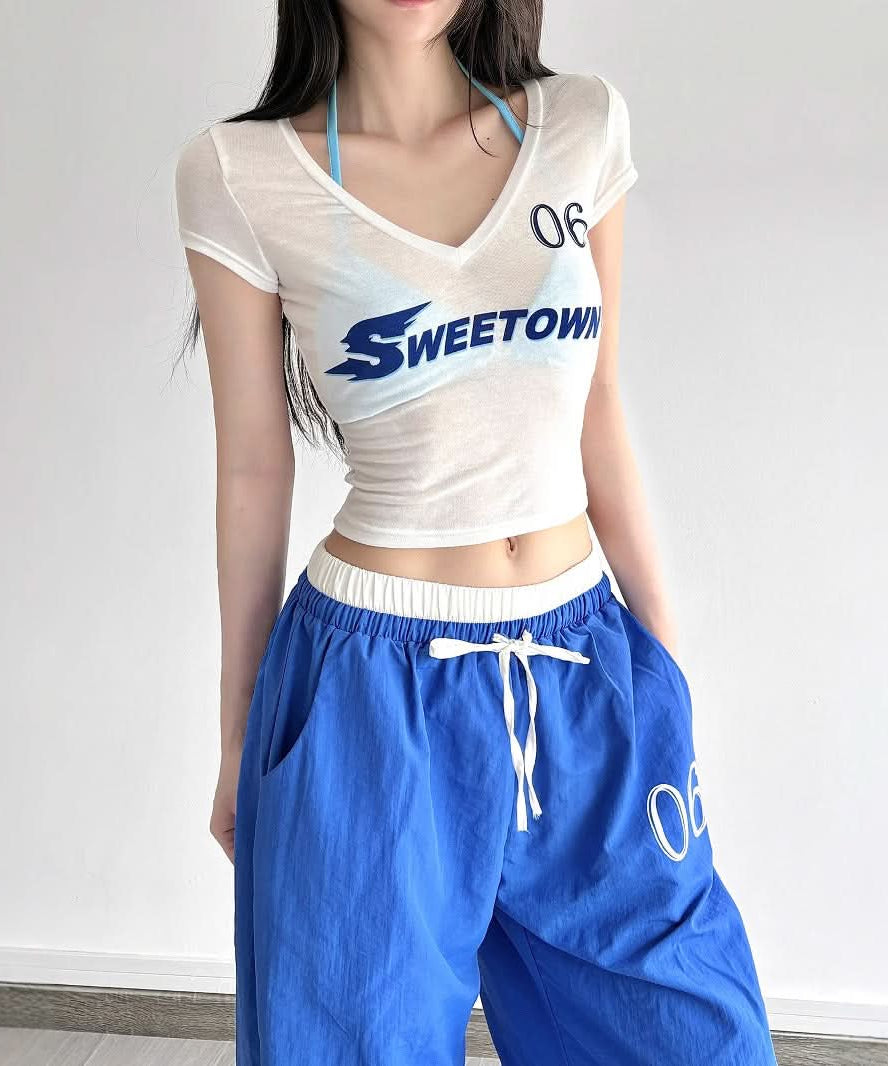 Y2K Sweetown 06 Graphic Mesh Crop Top - Sheer V-Neck Sporty Tee for Fall Street Style