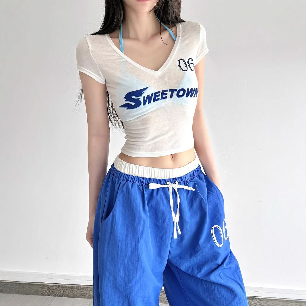 Y2K Sweetown 06 Graphic Mesh Crop Top - Sheer V-Neck Sporty Tee for Fall Street Style