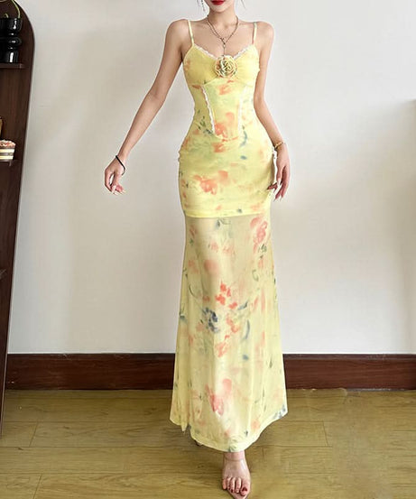 Enchanted Bloom Floral Cami Maxi Dress - Romantic Lace & 3D Appliqué for Fall Elegance