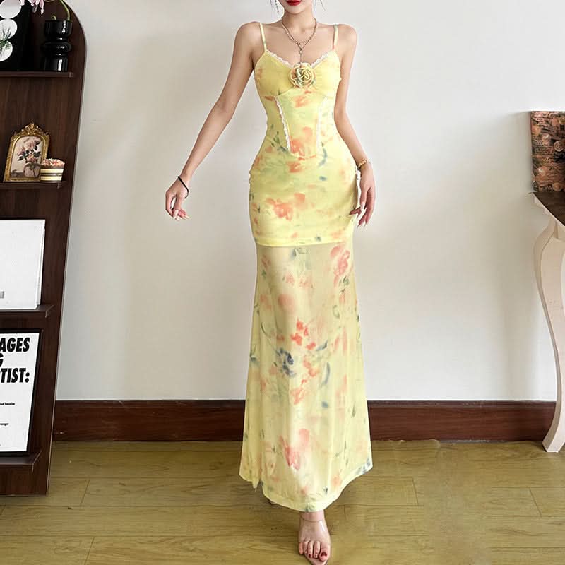 Enchanted Bloom Floral Cami Maxi Dress - Romantic Lace & 3D Appliqué for Fall Elegance