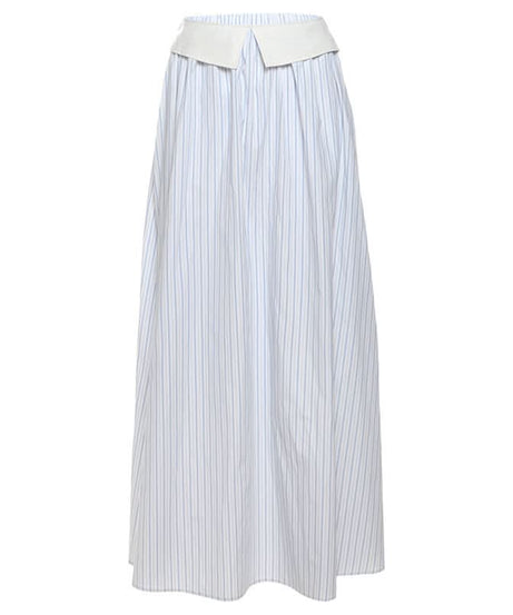 Effortless Fall Chic: Blue Stripe Maxi Skirt with Elegant Folded Waist
