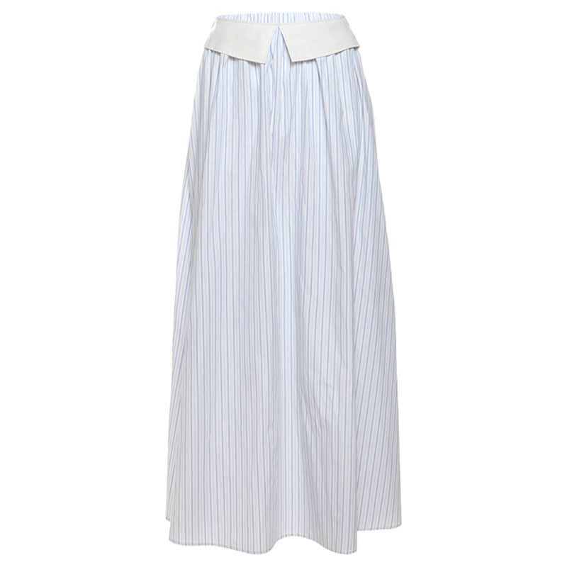 Effortless Fall Chic: Blue Stripe Maxi Skirt with Elegant Folded Waist