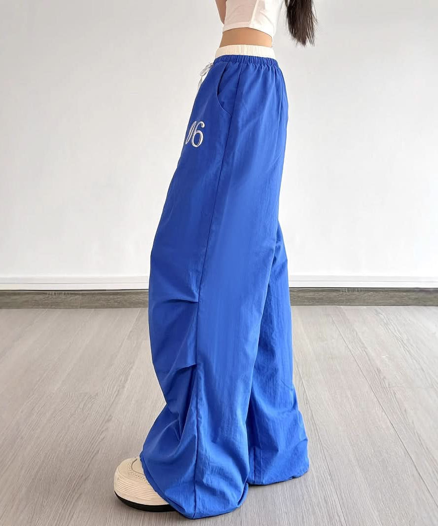 Y2K Royal Blue Baggy Track Pants - Drawstring Waist Street Style for Fall