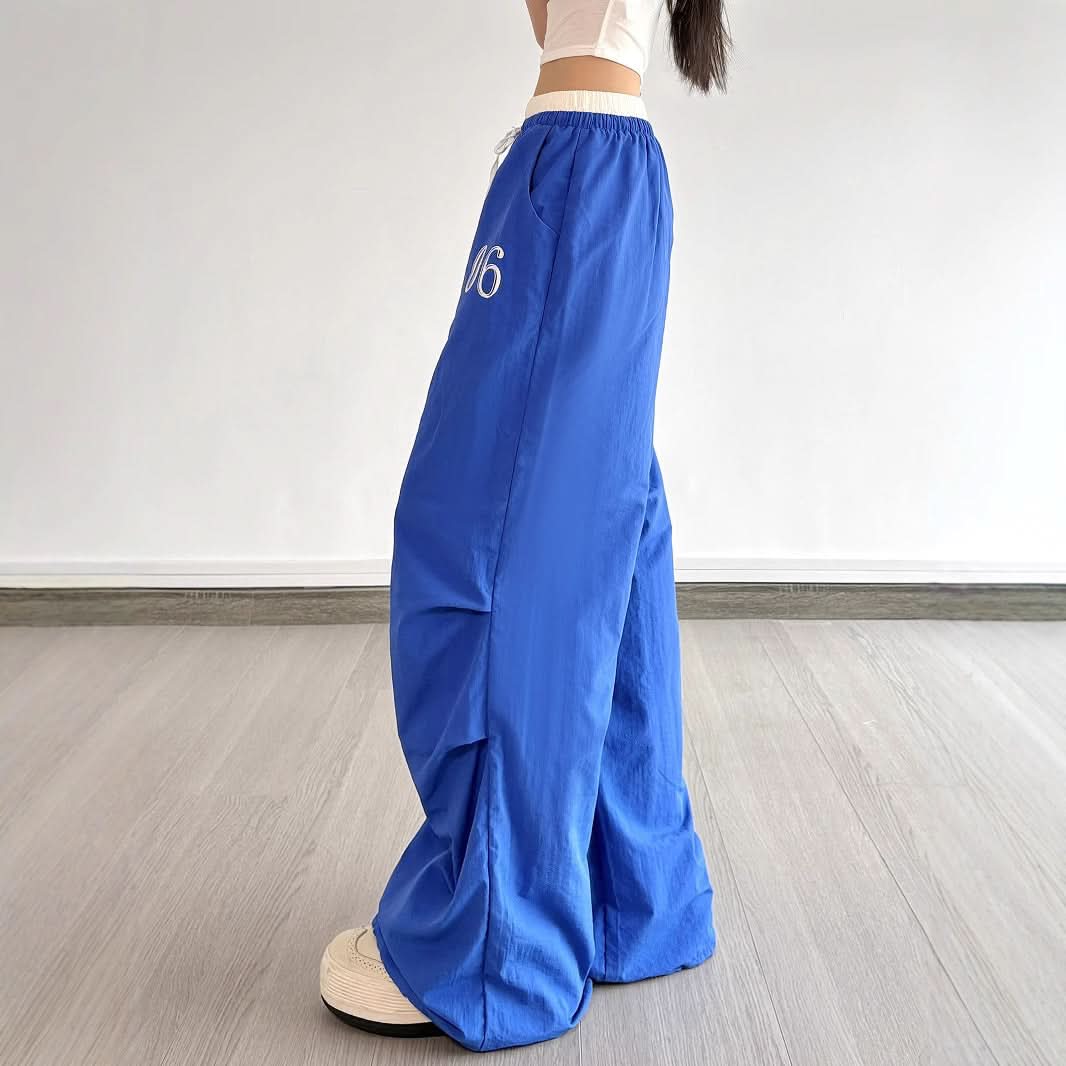 Y2K Royal Blue Baggy Track Pants - Drawstring Waist Street Style for Fall