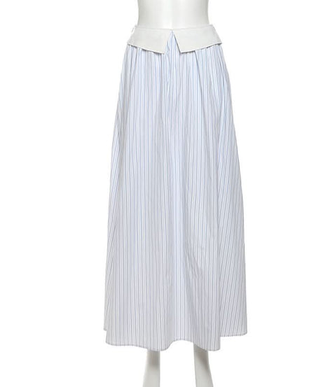 Effortless Fall Chic: Blue Stripe Maxi Skirt with Elegant Folded Waist