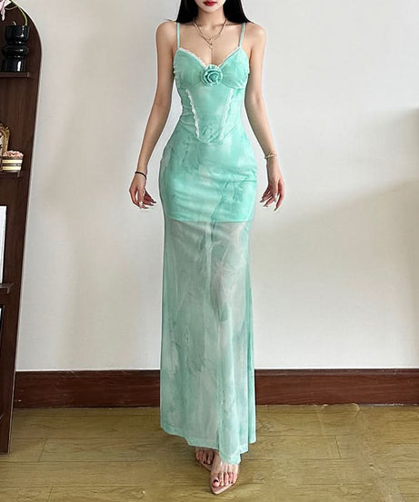 Enchanted Bloom Floral Cami Maxi Dress - Romantic Lace & 3D Appliqué for Fall Elegance