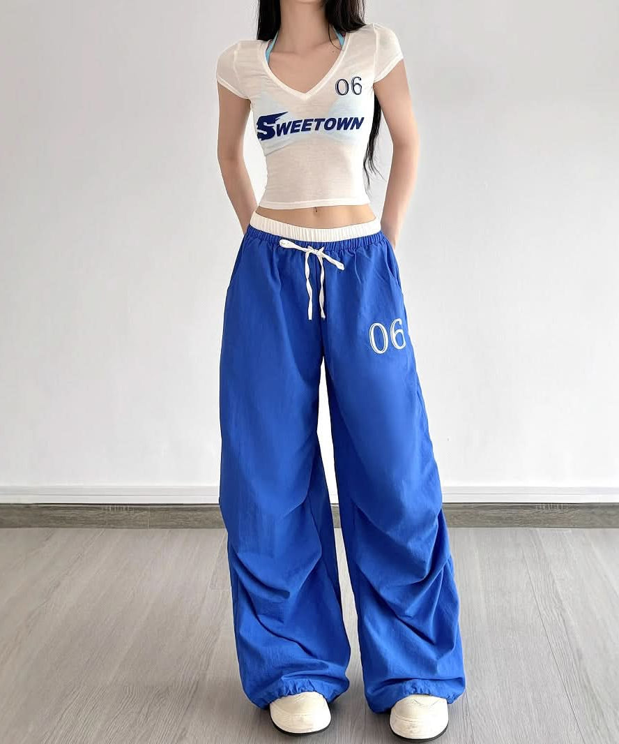 Y2K Royal Blue Baggy Track Pants - Drawstring Waist Street Style for Fall