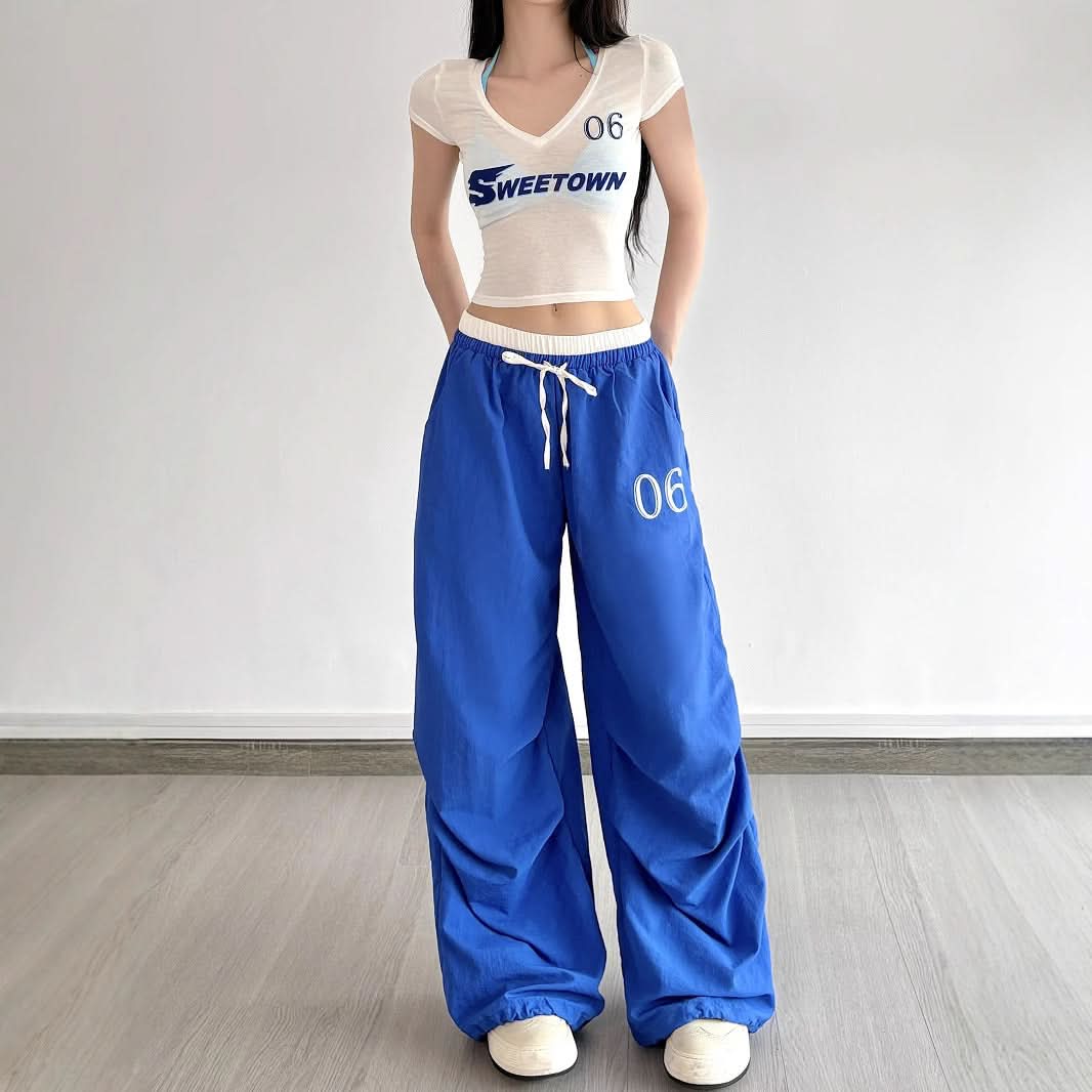 Y2K Royal Blue Baggy Track Pants - Drawstring Waist Street Style for Fall