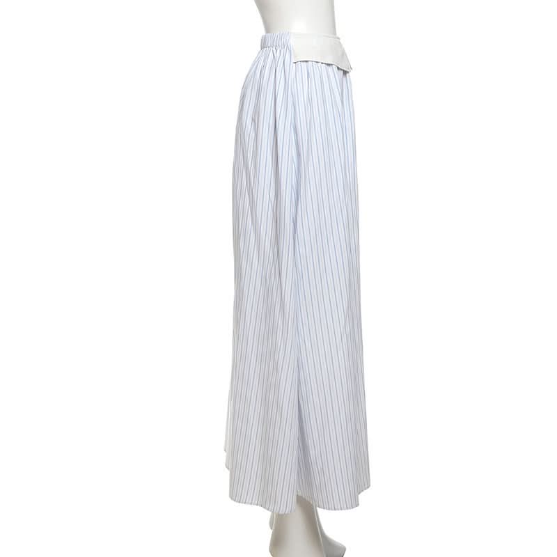 Effortless Fall Chic: Blue Stripe Maxi Skirt with Elegant Folded Waist