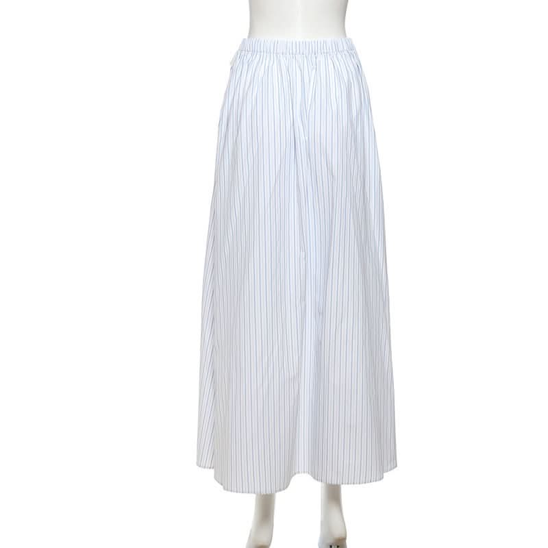 Effortless Fall Chic: Blue Stripe Maxi Skirt with Elegant Folded Waist
