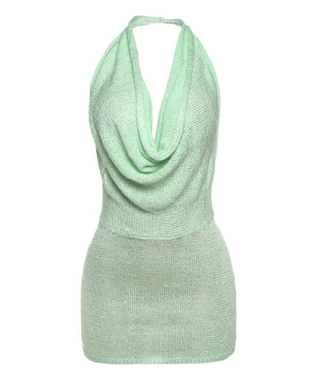 Sultry Knit Halter Cowl Neck Mini Dress - Backless Bodycon for Fall Parties & Resort Getaways