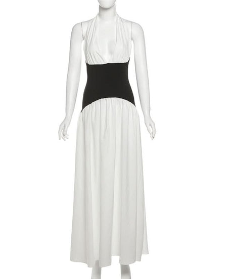 Chic Two-Tone Halter Maxi Dress - Elegant Black & White for Fall & Holiday Parties