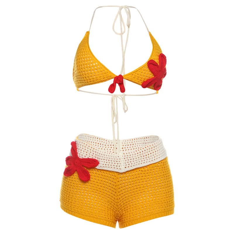 Sunny Escape Yellow Crochet Halter & Shorts Set - Tropical Vacation & Resort Wear