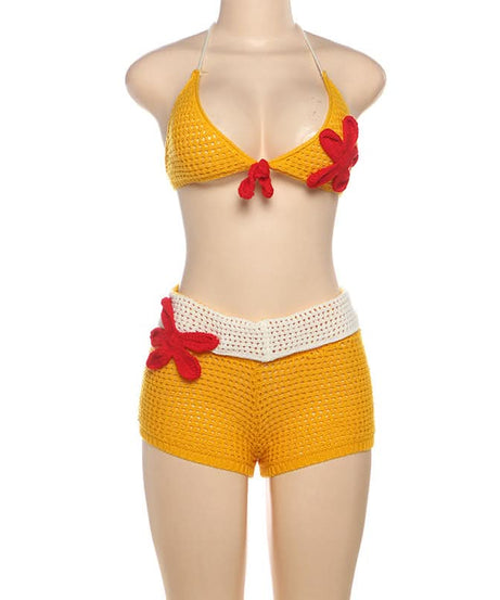 Sunny Escape Yellow Crochet Halter & Shorts Set - Tropical Vacation & Resort Wear