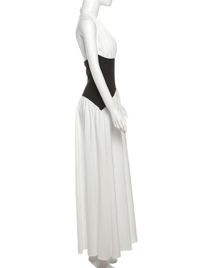 Chic Two-Tone Halter Maxi Dress - Elegant Black & White for Fall & Holiday Parties