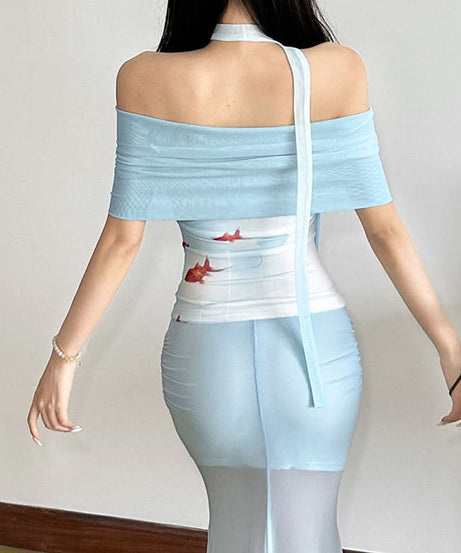 Whimsical Goldfish Off-Shoulder Mesh Midi Dress | Chic Bodycon for Fall Evenings
