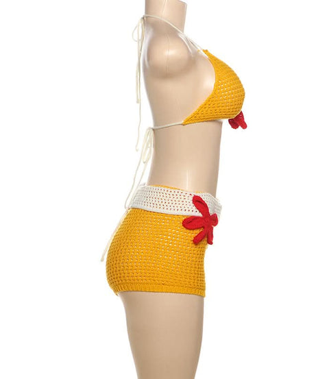 Sunny Escape Yellow Crochet Halter & Shorts Set - Tropical Vacation & Resort Wear