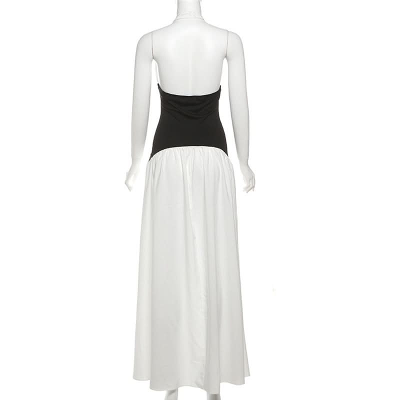 Chic Two-Tone Halter Maxi Dress - Elegant Black & White for Fall & Holiday Parties