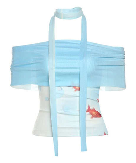 Whimsical Goldfish Off-Shoulder Mesh Midi Dress | Chic Bodycon for Fall Evenings