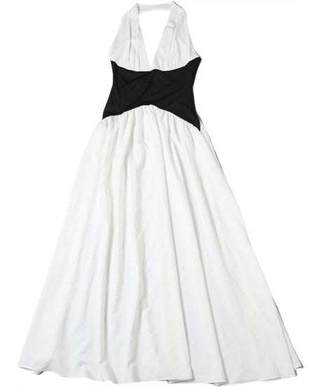 Chic Two-Tone Halter Maxi Dress - Elegant Black & White for Fall & Holiday Parties