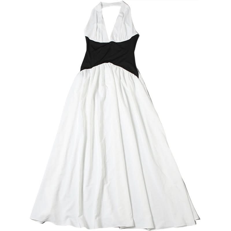 Chic Two-Tone Halter Maxi Dress - Elegant Black & White for Fall & Holiday Parties