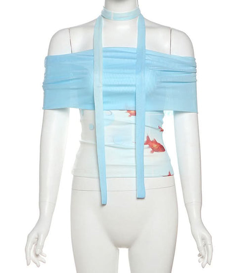 Whimsical Goldfish Off-Shoulder Mesh Midi Dress | Chic Bodycon for Fall Evenings