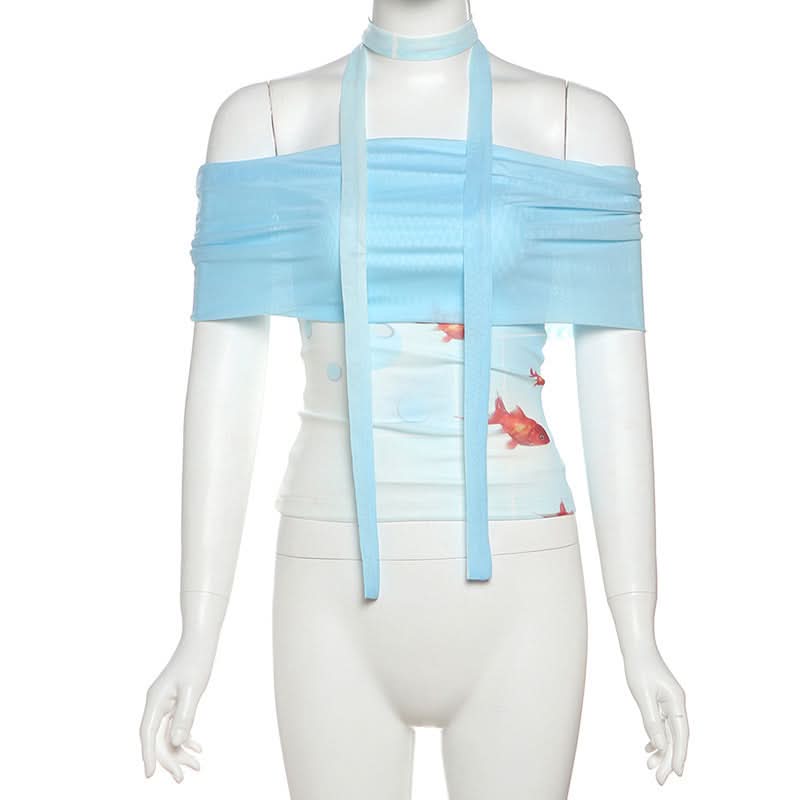 Whimsical Goldfish Off-Shoulder Mesh Midi Dress | Chic Bodycon for Fall Evenings