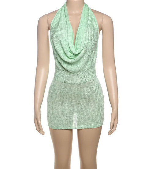 Sultry Knit Halter Cowl Neck Mini Dress - Backless Bodycon for Fall Parties & Resort Getaways