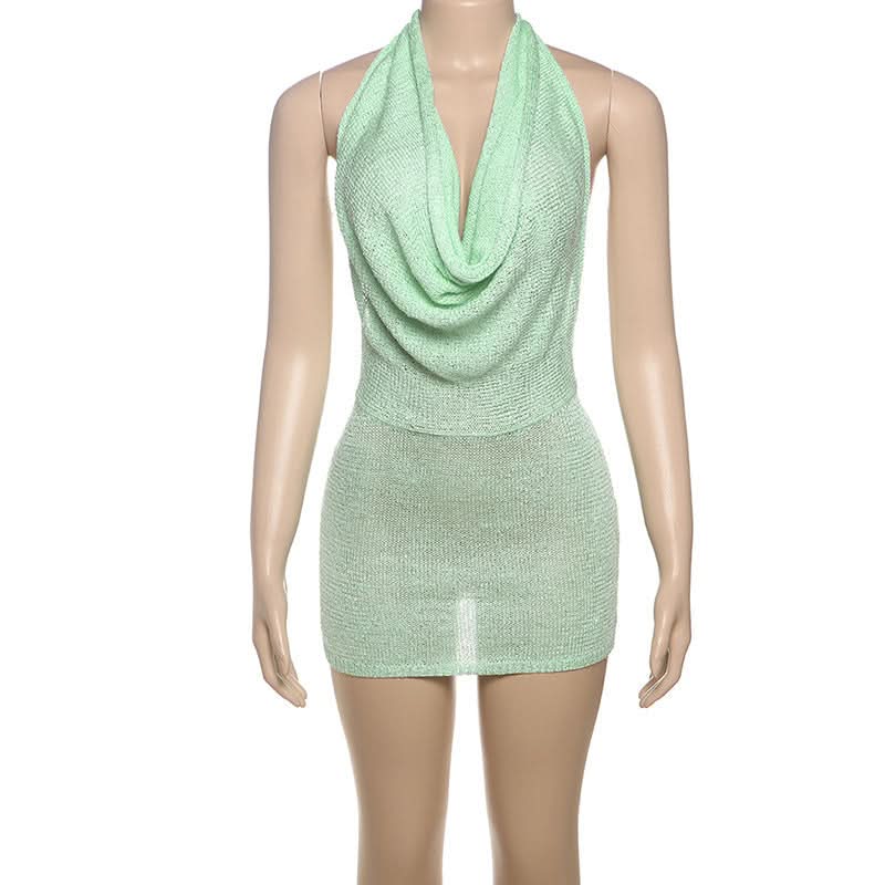 Sultry Knit Halter Cowl Neck Mini Dress - Backless Bodycon for Fall Parties & Resort Getaways