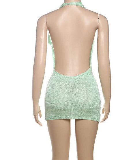 Sultry Knit Halter Cowl Neck Mini Dress - Backless Bodycon for Fall Parties & Resort Getaways
