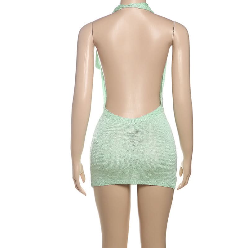 Sultry Knit Halter Cowl Neck Mini Dress - Backless Bodycon for Fall Parties & Resort Getaways